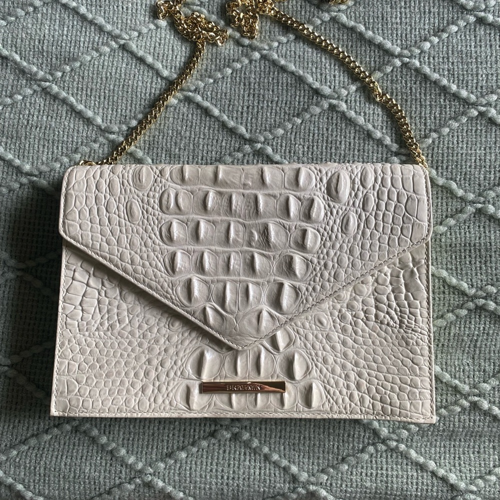 Brahmin White Kylie Daydream Crocodile Embossed Clutch with Chain Strap